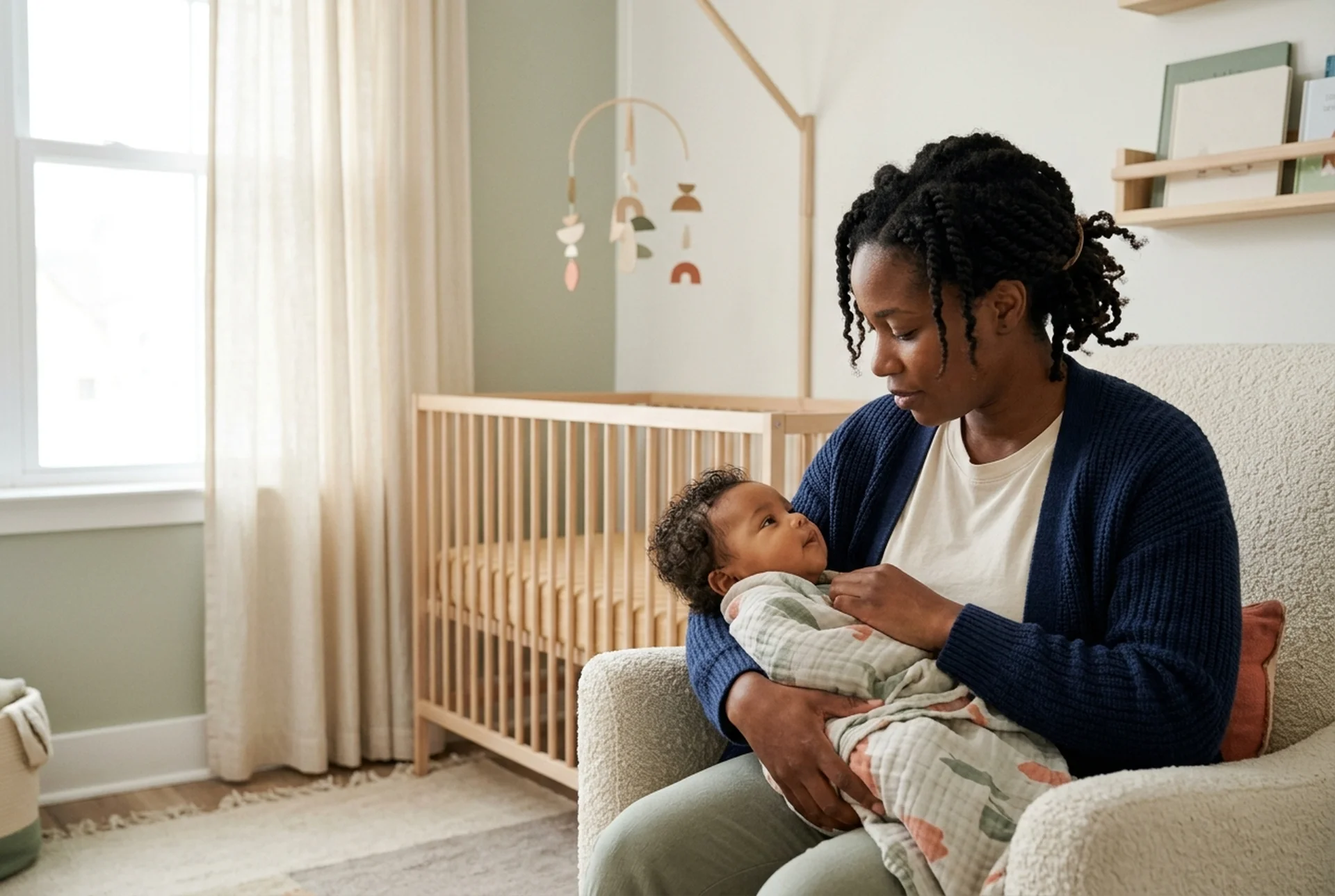 AI-generated illustrative image — A caregiver seated in a nursery holding a baby, wooden crib and sheer curtains behind