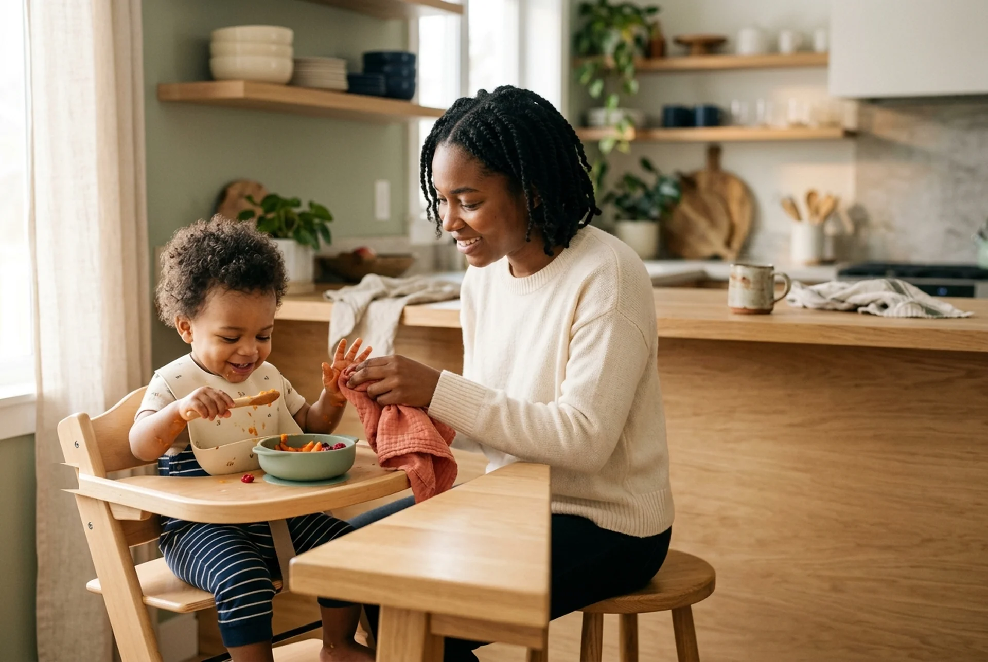 AI-generated illustrative image — A toddler in a wooden high chair eating lunch with a caregiver nearby