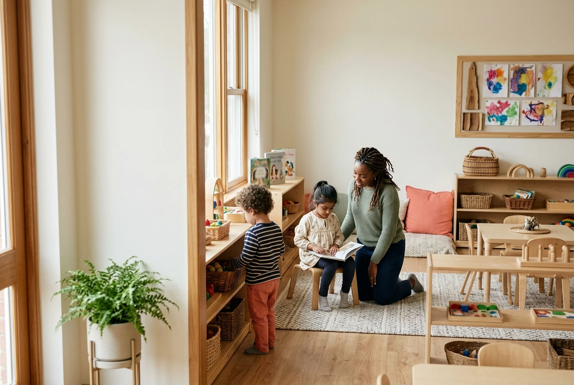 AI-generated illustrative image — A bright view through a classroom doorway showing an educator and children engaged in reading
